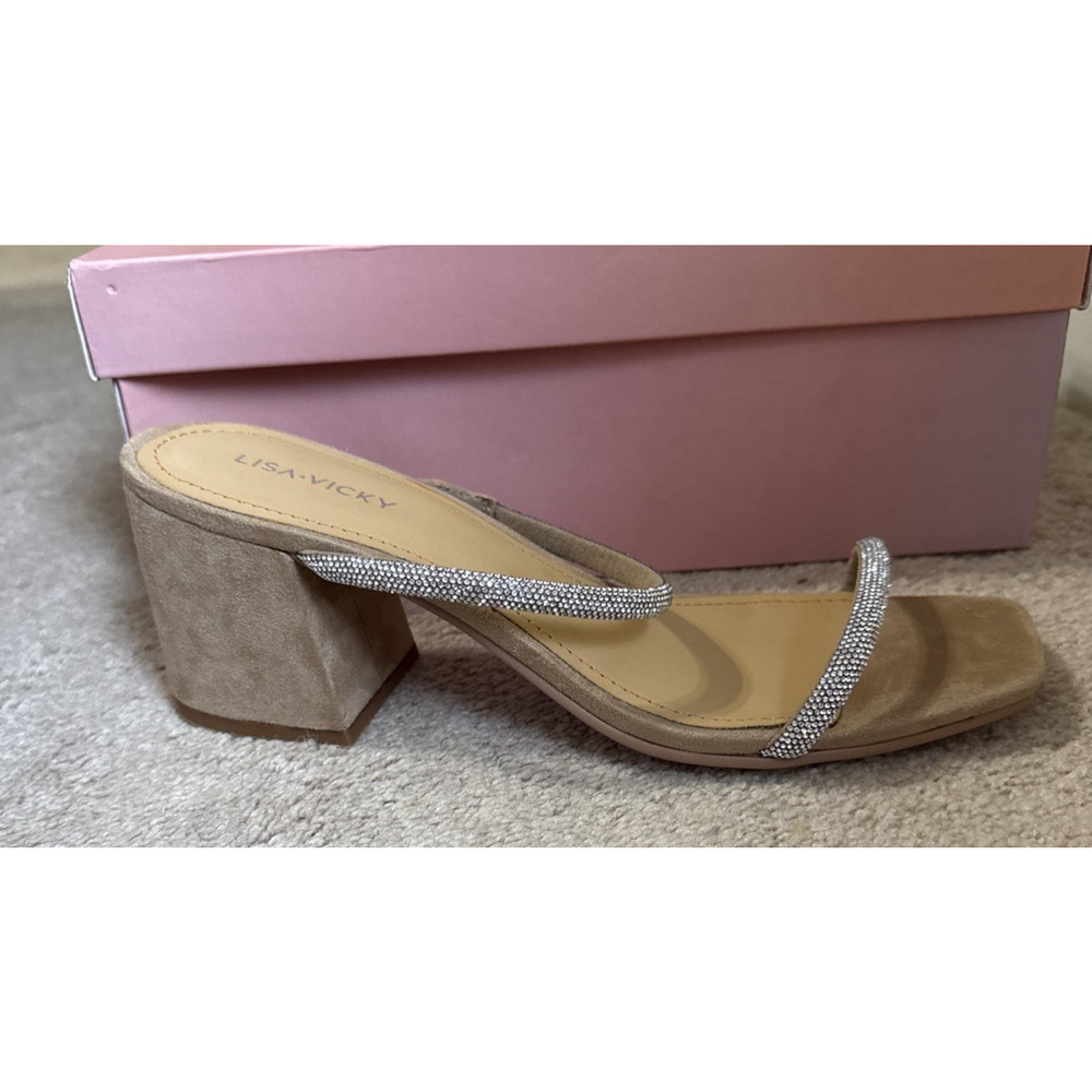 Lisa Vicky Mood Slide Sandals Pave Crystals Silver Hotfix Heels Tan Size 9 - Picture 5 of 9